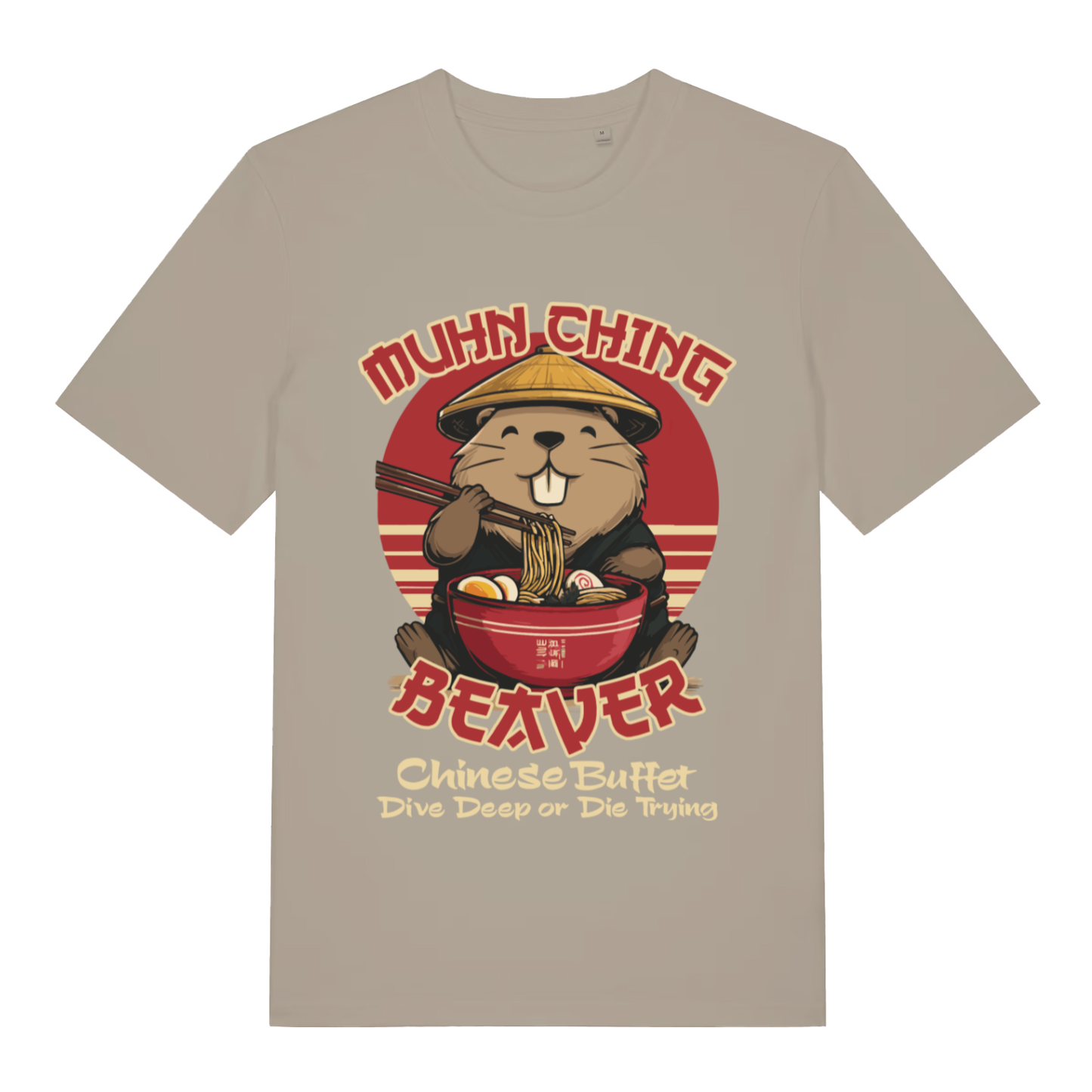 Beige Muhn Ching Beaver funny graphic t-shirt with beaver eating ramen in conical hat  