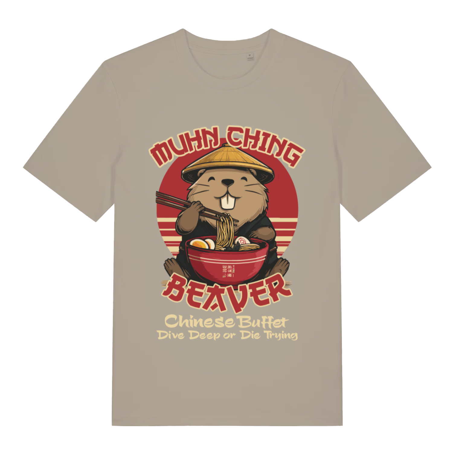 Beige Muhn Ching Beaver funny graphic t-shirt with beaver eating ramen in conical hat  