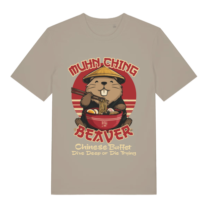 Beige Muhn Ching Beaver funny graphic t-shirt with beaver eating ramen in conical hat  