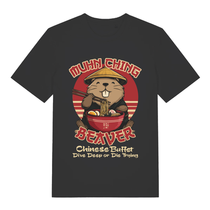 Black Muhn Ching Beaver funny graphic t-shirt featuring grinning beaver and Chinese buffet slogan  
