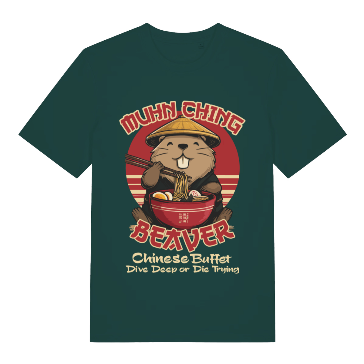 Green Muhn Ching Beaver funny graphic t-shirt with beaver diving into ramen bowl  