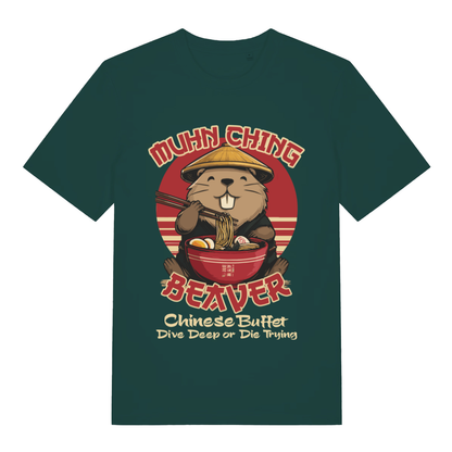 Green Muhn Ching Beaver funny graphic t-shirt with beaver diving into ramen bowl  