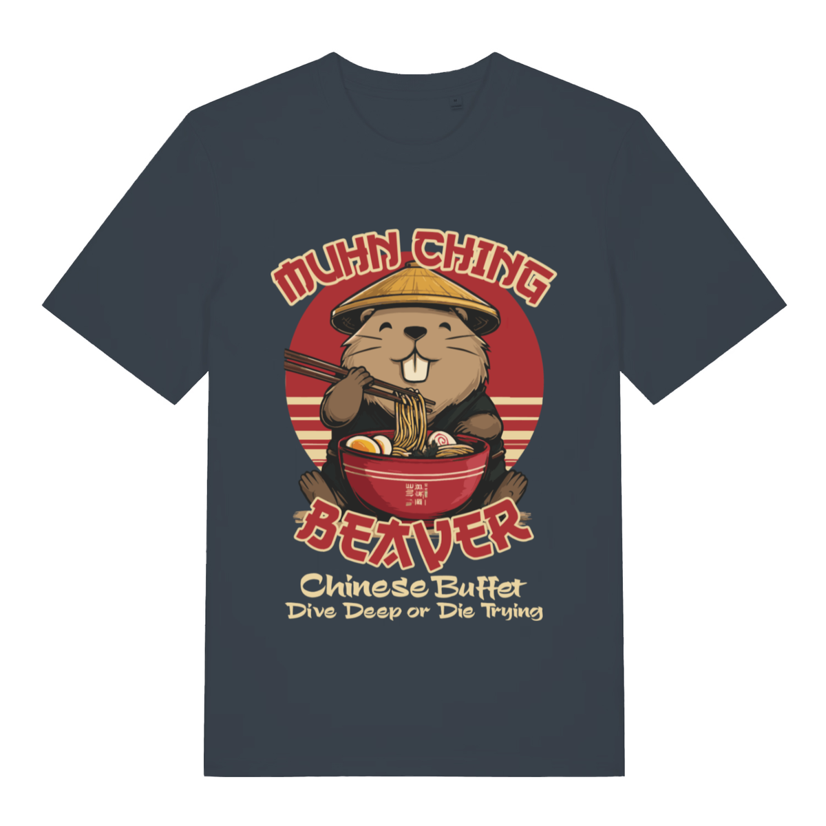 Ink grey Muhn Ching Beaver funny graphic t-shirt showing detailed beaver ramen design  