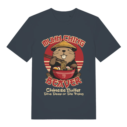 Ink grey Muhn Ching Beaver funny graphic t-shirt showing detailed beaver ramen design  