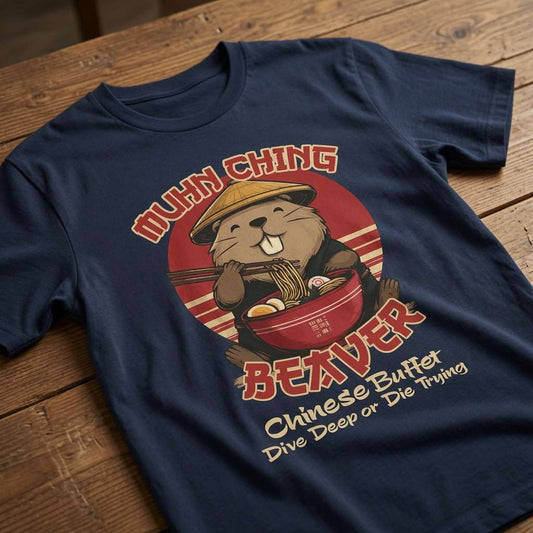 Navy Muhn-Ching Beaver t-shirt on wood with beaver noodles design, funny rude mens beaver parody pun graphic