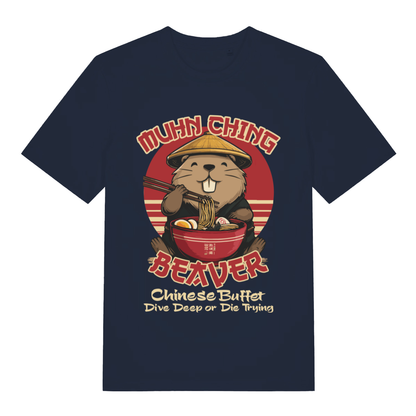 Navy Muhn Ching Beaver funny graphic t-shirt with bold “Muhn Ching Beaver” lettering  