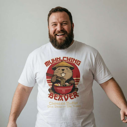 Bearded man laughing with arms out in white Muhn-Ching Beaver t-shirt featuring beaver eating noodles, fun mens rude beaver parody pun graphic