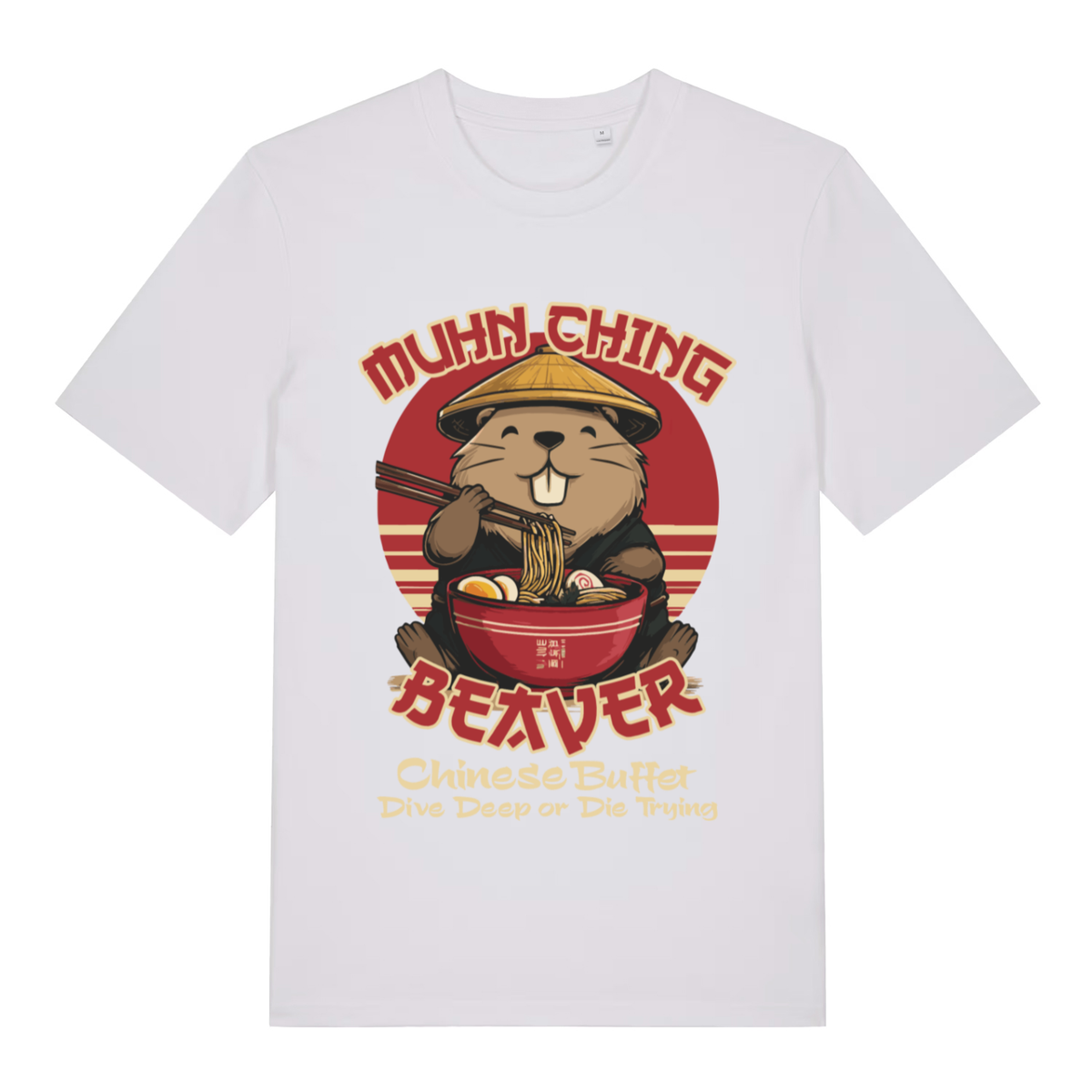 White Muhn Ching Beaver funny graphic t-shirt featuring beaver chopsticks and buffet text  