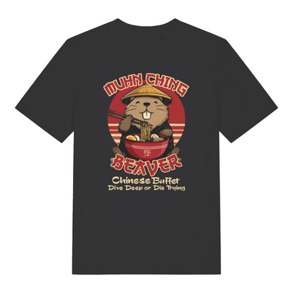 Black funny offensive t-shirt with a beaver graphic and the slogan 'mun ching beaver chinese buffet dive deep or die trying'