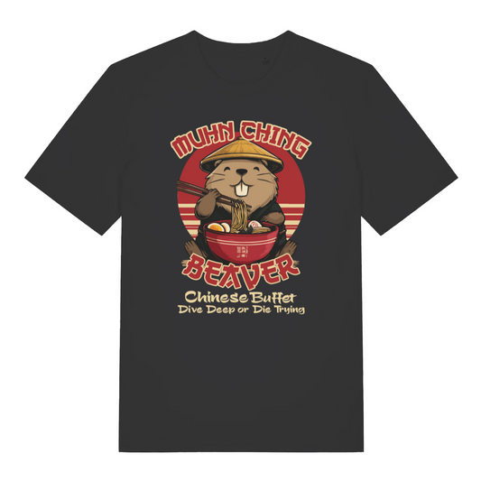 Black funny offensive t-shirt with a beaver graphic and the slogan 'mun ching beaver chinese buffet dive deep or die trying'