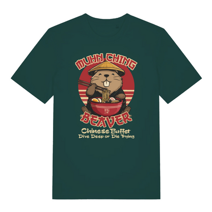 green funny offensive t-shirt with a beaver graphic and the slogan 'mun ching beaver chinese buffet dive deep or die trying'