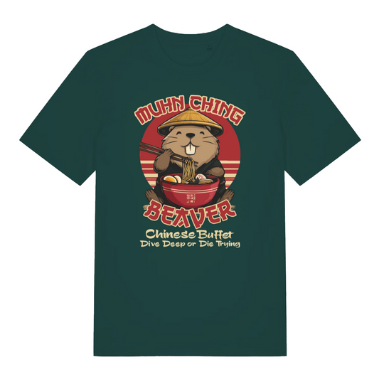green funny offensive t-shirt with a beaver graphic and the slogan 'mun ching beaver chinese buffet dive deep or die trying'