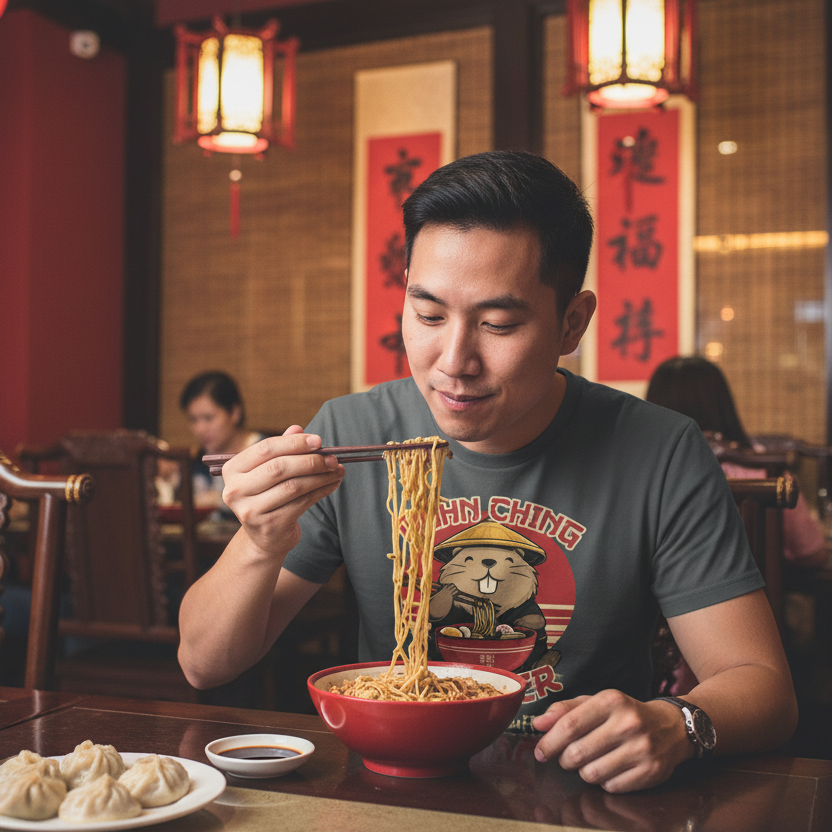 Man wearing a grey t-shirt with a graphic beaver design whilst  eating noodles in a restaurant with traditional decor