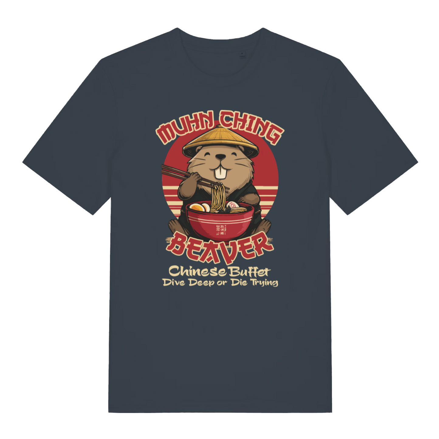ink grey funny offensive t-shirt with a beaver graphic and the slogan 'mun ching beaver chinese buffet dive deep or die trying'
