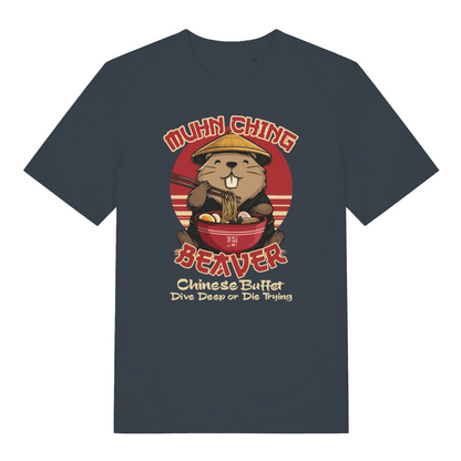 ink grey funny offensive t-shirt with a beaver graphic and the slogan 'mun ching beaver chinese buffet dive deep or die trying'
