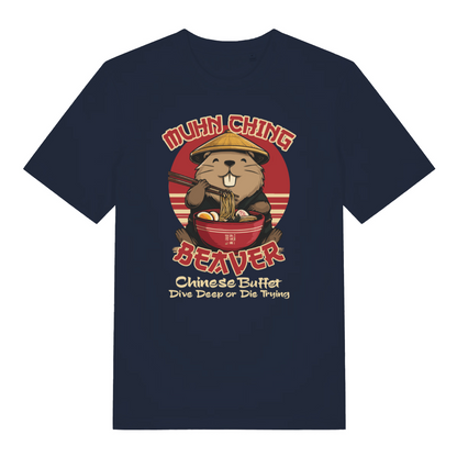 navy funny offensive t-shirt with a beaver graphic and the slogan 'mun ching beaver chinese buffet dive deep or die trying'