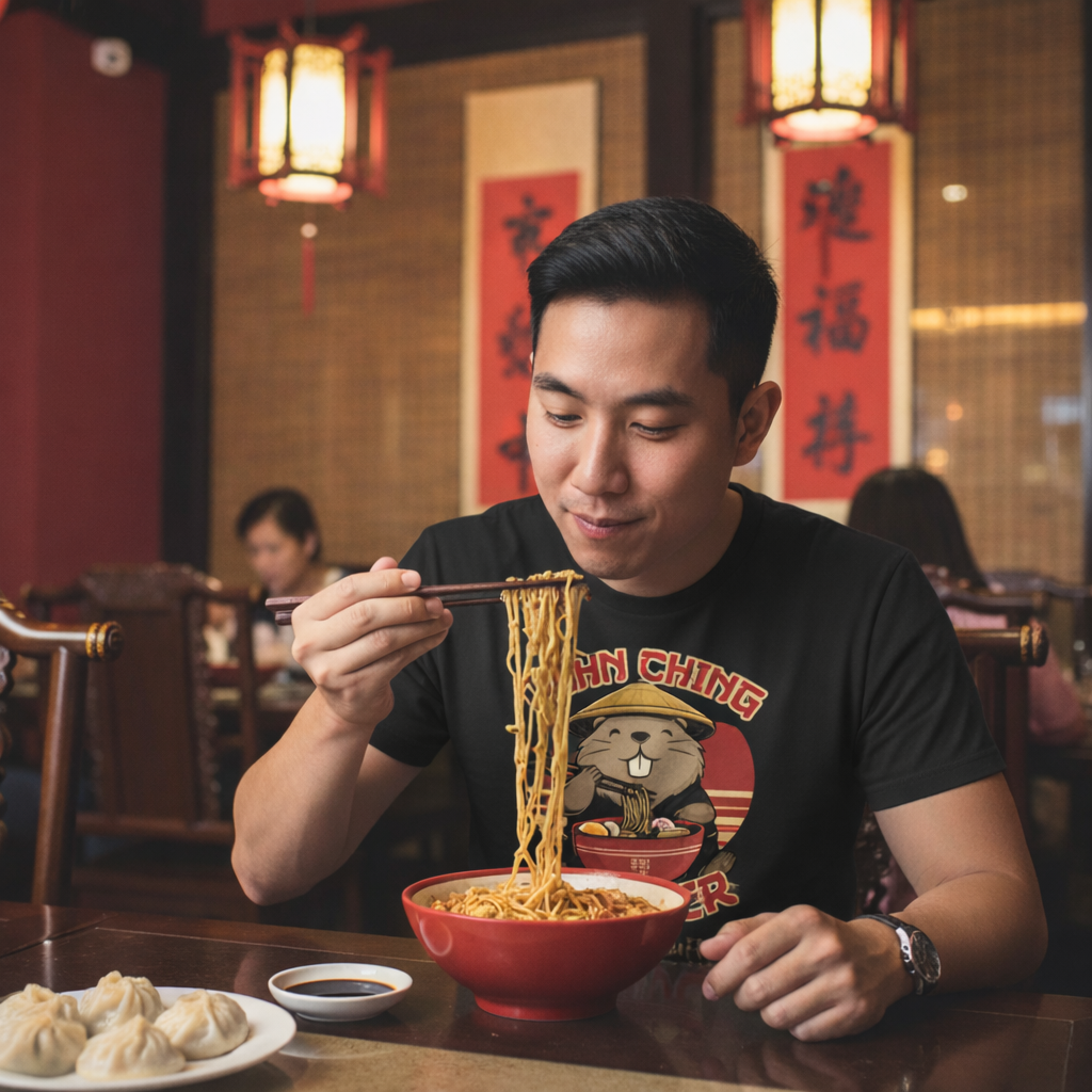 Man eating noodles from a red bowl in a restaurant with traditional decor