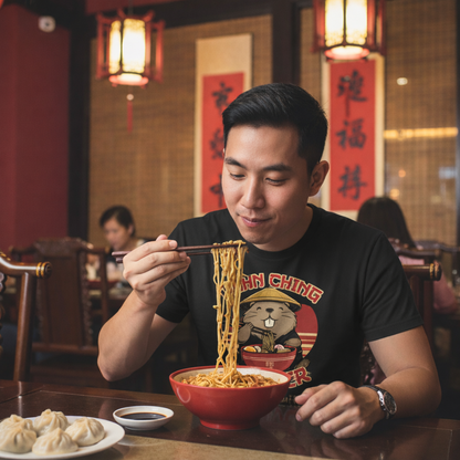 Man eating noodles from a red bowl in a restaurant with traditional decor