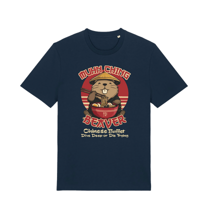 navy funny offensive t-shirt with a graphic of a beaver 