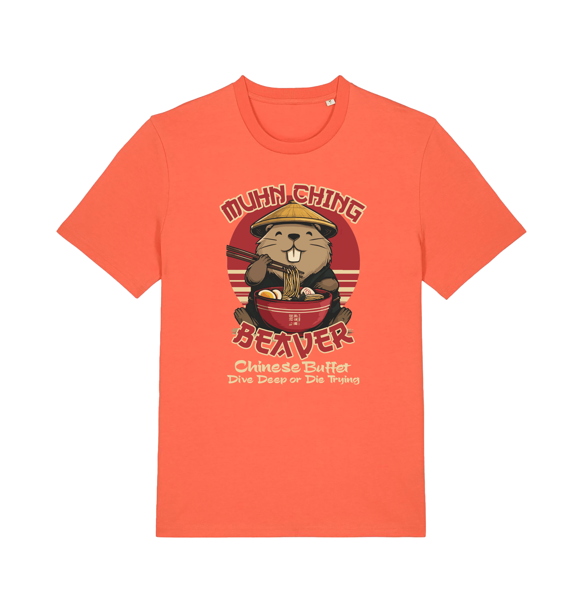 orange funny offensive t-shirt with a graphic of a beaver 