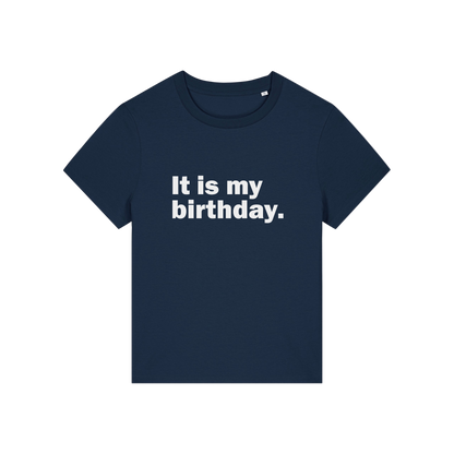 navy slogan t-shirt that reads 'it is my birthday'