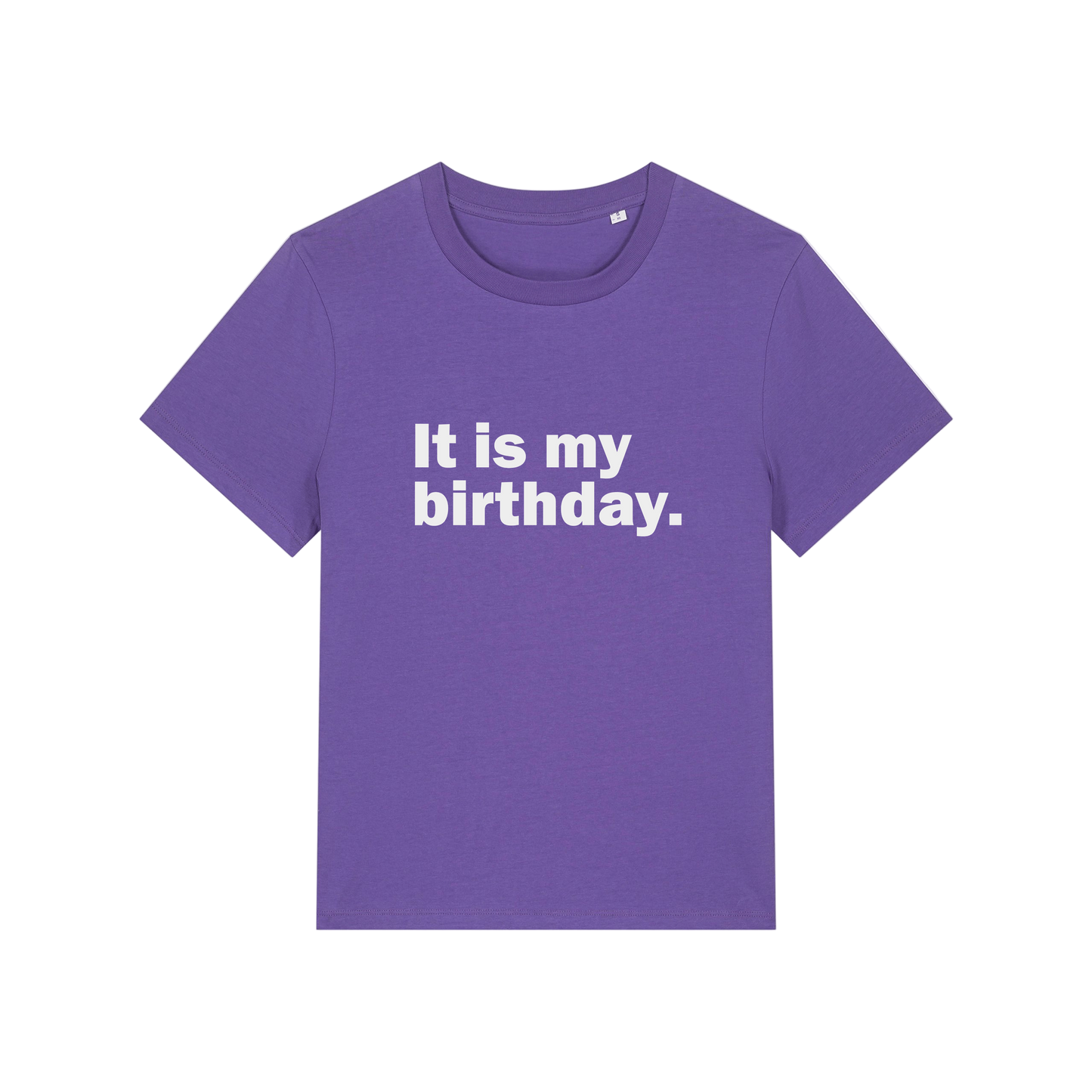 purple slogan t-shirt that reads 'it is my birthday'