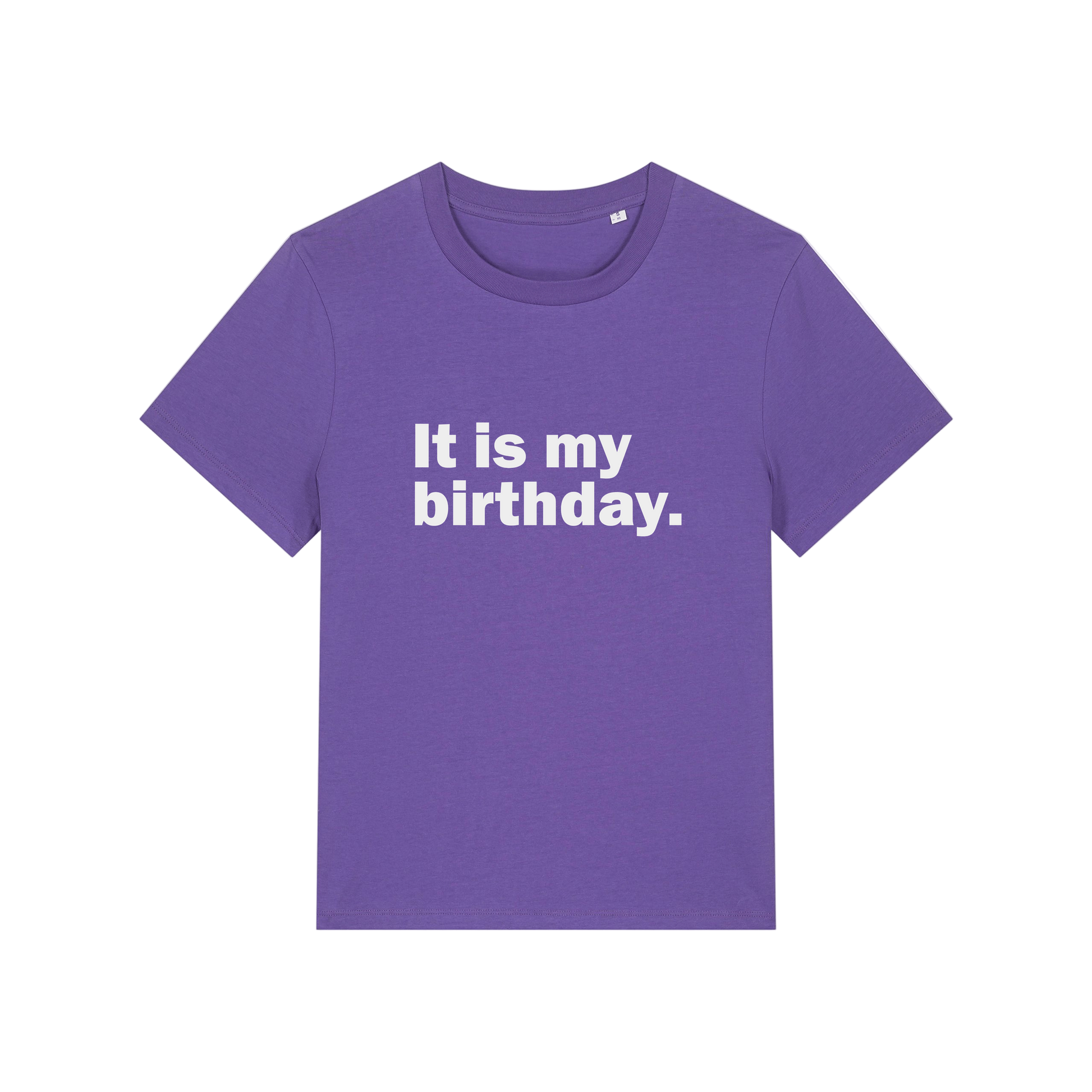 purple slogan t-shirt that reads 'it is my birthday'