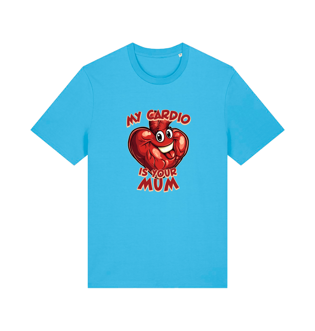 blue funny offensive t-shirt with the graphic of a heart and the slogan 'my cardio is your mum'