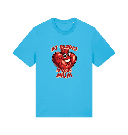 blue funny offensive t-shirt with the graphic of a heart and the slogan 'my cardio is your mum'