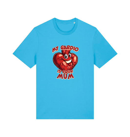 blue funny offensive t-shirt with the graphic of a heart and the slogan 'my cardio is your mum'