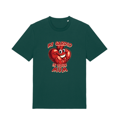 green funny offensive t-shirt with the graphic of a heart and the slogan 'my cardio is your mum'