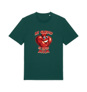 green funny offensive t-shirt with the graphic of a heart and the slogan 'my cardio is your mum'