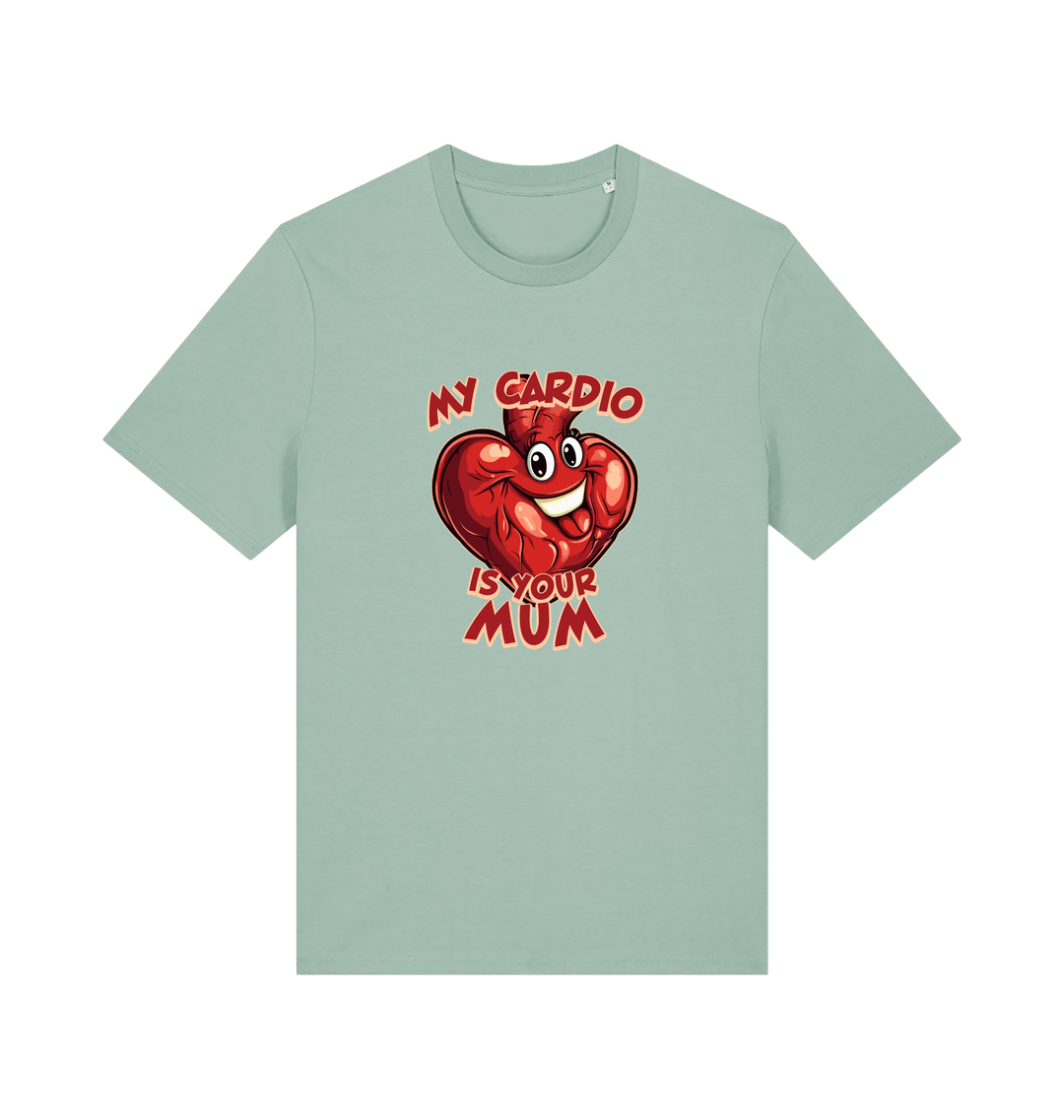 mint green funny offensive t-shirt with the graphic of a heart and the slogan 'my cardio is your mum'