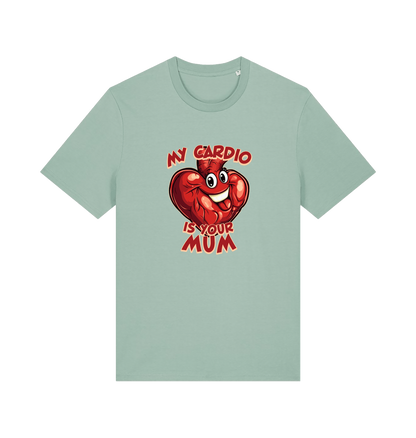 mint green funny offensive t-shirt with the graphic of a heart and the slogan 'my cardio is your mum'