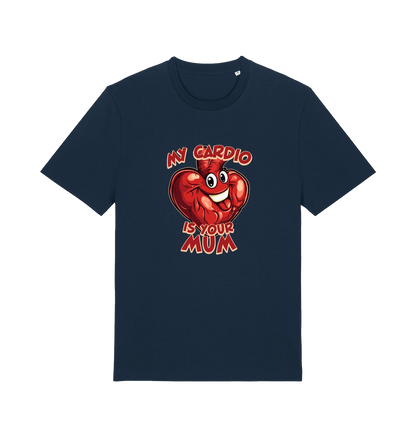 navy funny offensive t-shirt with the graphic of a heart and the slogan 'my cardio is your mum'