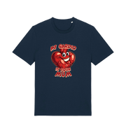 navy funny offensive t-shirt with the graphic of a heart and the slogan 'my cardio is your mum'