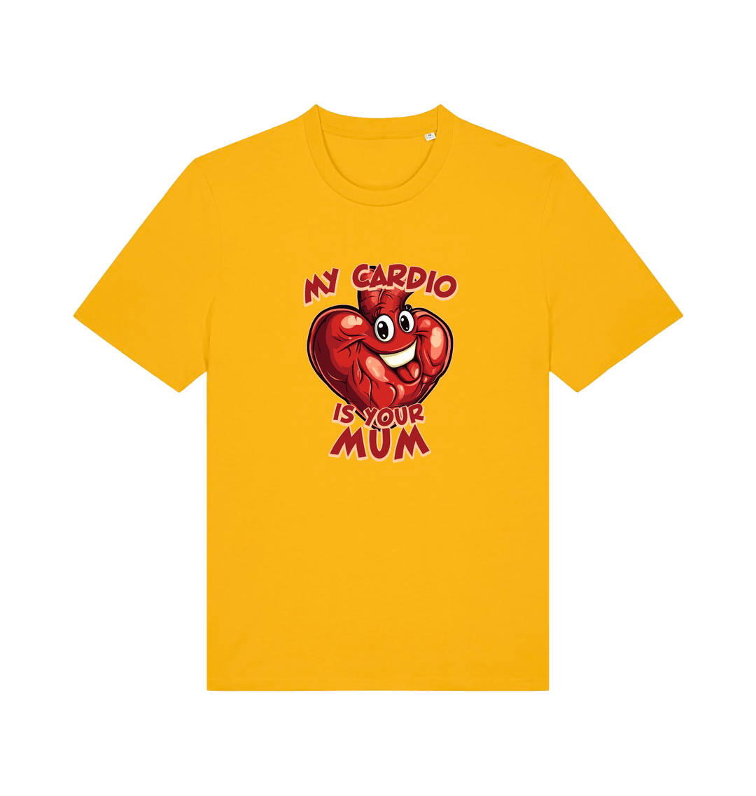 yellow funny offensive t-shirt with the graphic of a heart and the slogan 'my cardio is your mum'