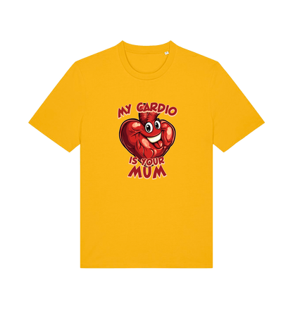 yellow funny offensive t-shirt with the graphic of a heart and the slogan 'my cardio is your mum'