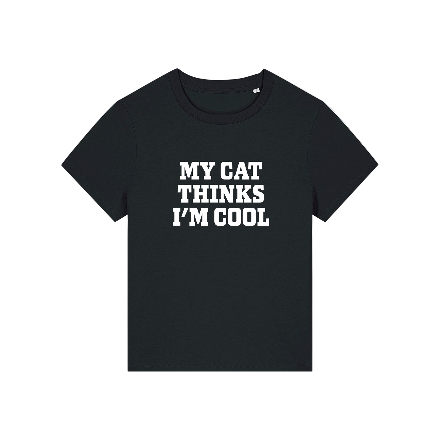 black slogan t-shirt that reads 'my cat thinks i'm cool'