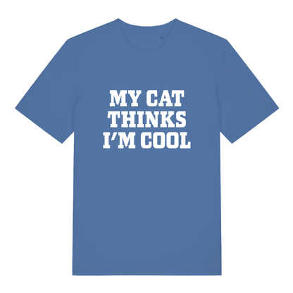 Blue My Cat Thinks I’m Cool funny slogan t-shirt featuring clean cat owner text  