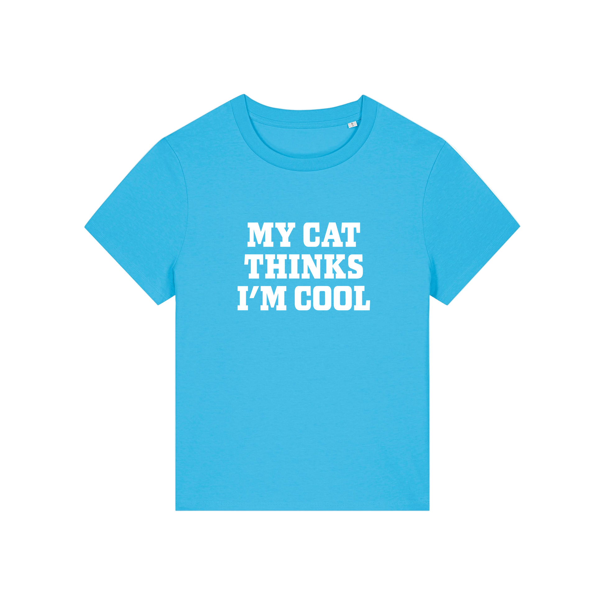 blue slogan t-shirt that reads 'my cat thinks i'm cool'