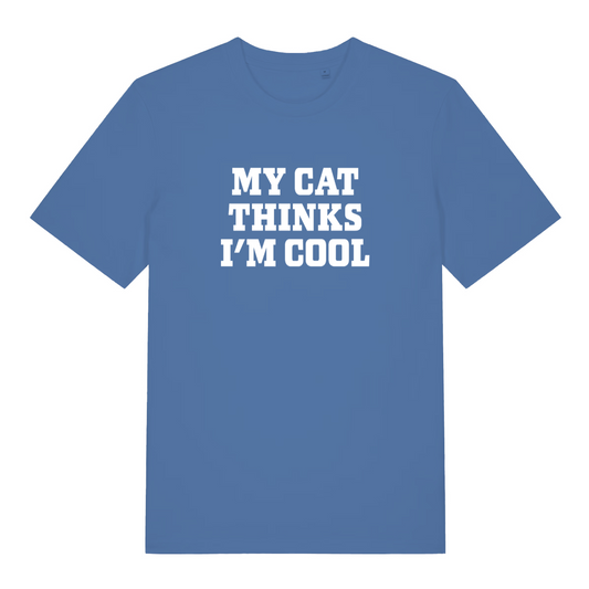 blue women's slogan t-shirt with the text 'my cat thinks i'm cool'