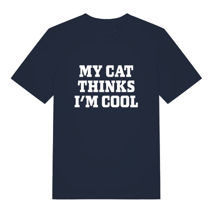 Navy My Cat Thinks I’m Cool funny slogan t-shirt with minimal white statement design  