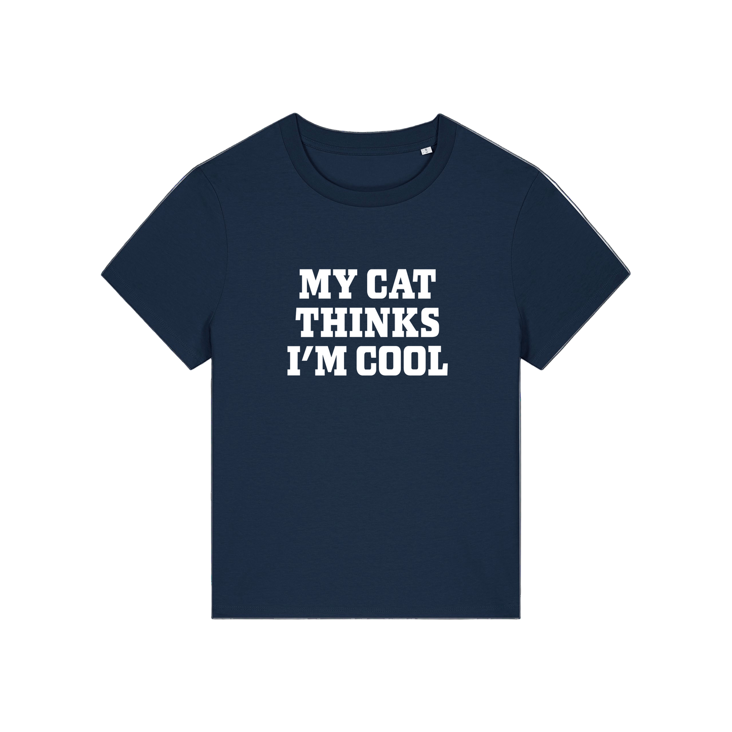 navy slogan t-shirt that reads 'my cat thinks i'm cool'