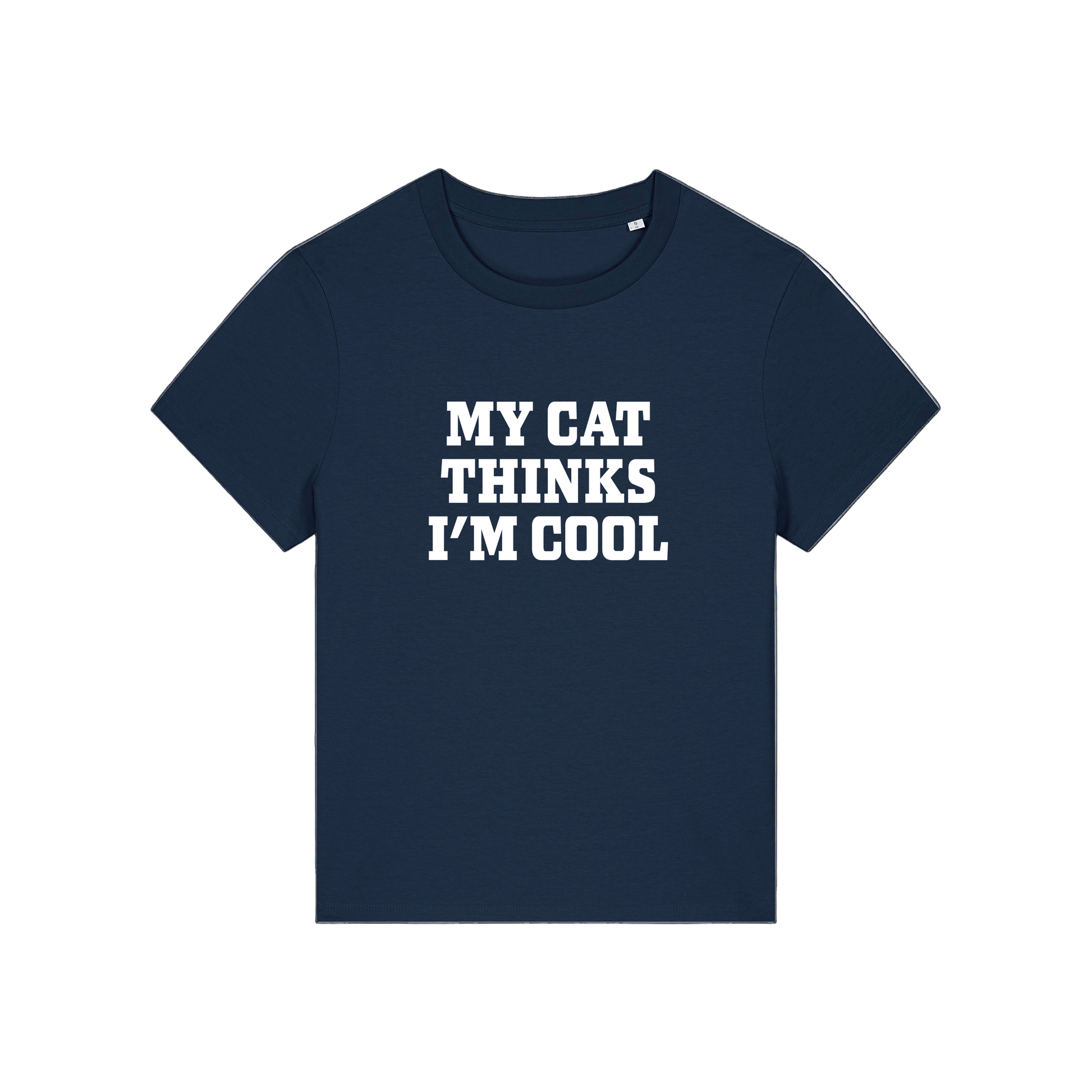 navy slogan t-shirt that reads 'my cat thinks i'm cool'