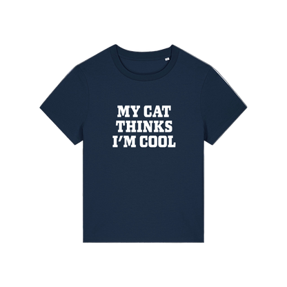 navy slogan t-shirt that reads 'my cat thinks i'm cool'