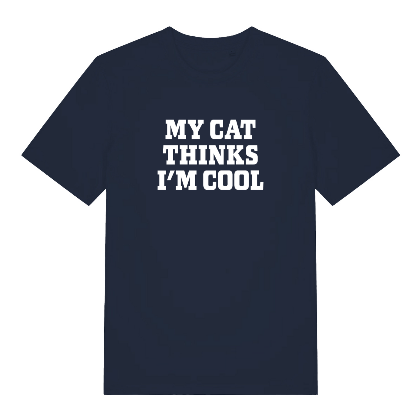navy women's slogan t-shirt with the text 'my cat thinks i'm cool'