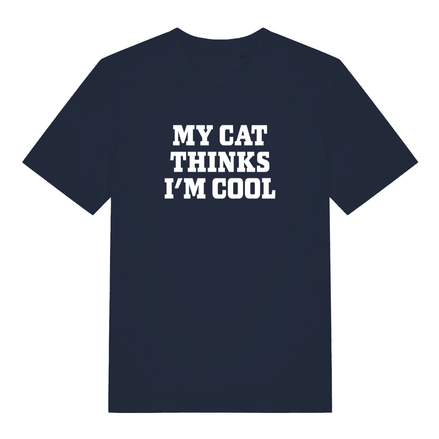navy women's slogan t-shirt with the text 'my cat thinks i'm cool'