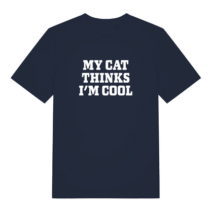 navy women's slogan t-shirt with the text 'my cat thinks i'm cool'