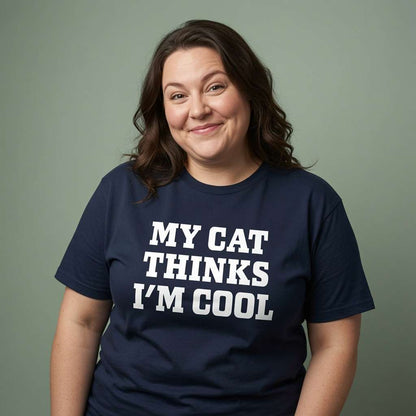 Woman with slight smile in navy My Cat Thinks I’m Cool tee, witty funny ladies cat slogan shirt
